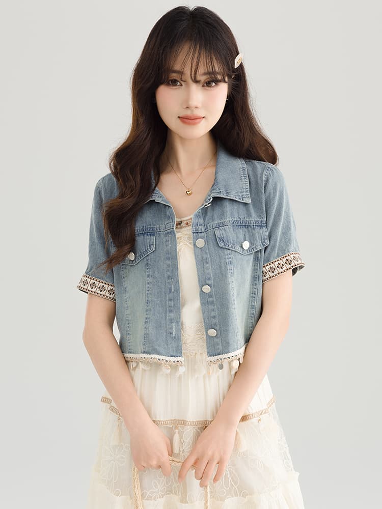 실사 반팔 데님 여성 코트 2026 여름 얇은 스타일 새로운 루즈핏 레트로 작은 키 외부 가져 가라. 쇼트 스타일 맨위 이미지 5
