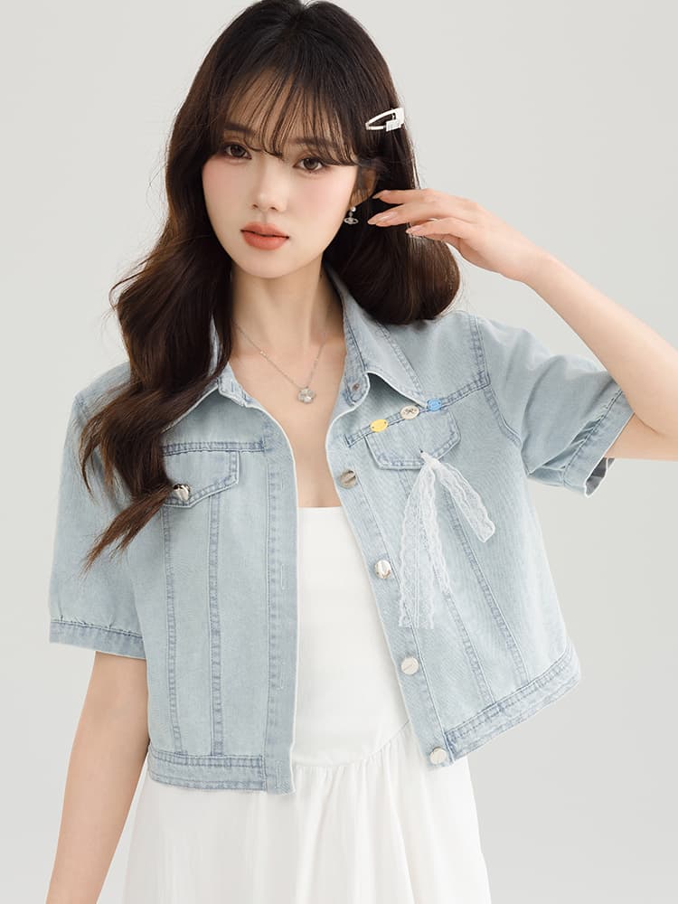 실사 레이스 조각 얇은 스타일 반팔 데님 여성 코트 여름 새로운 패션 연령 감소 외부 가져 가라. 쇼트 스타일 맨위 이미지 4