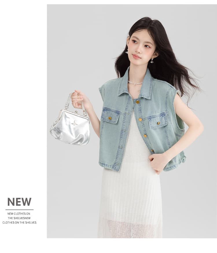 실사 하늘색 Feifei 소매 데님 베스트 여성 의류 2026 신제품 POLO 칼라 싱글 줄 버튼 루즈핏 다용도 맨위 상세 이미지 9