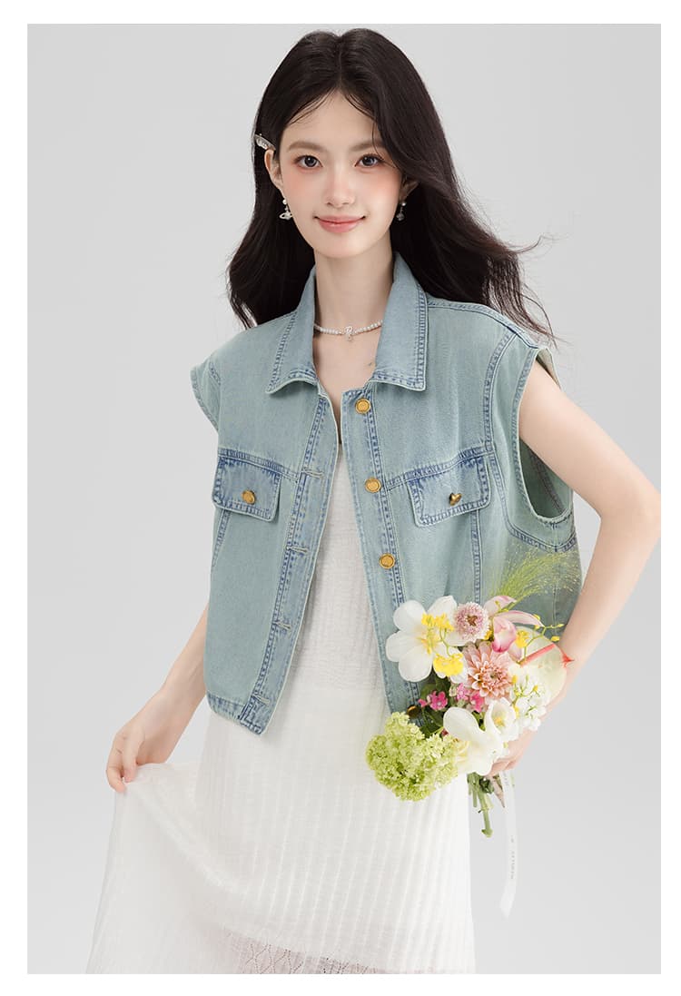 실사 하늘색 Feifei 소매 데님 베스트 여성 의류 2026 신제품 POLO 칼라 싱글 줄 버튼 루즈핏 다용도 맨위 상세 이미지 22