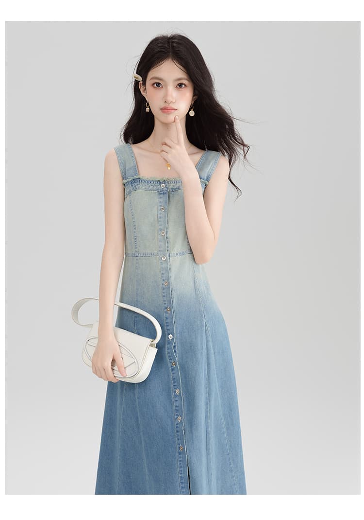실사 그라데이션 색상 레트로 데님 조끼 슬립 여성 드레스 여름 품격 허리 수축 거친 가장자리 큰 진자 한 마디 롱 스커트 상세 이미지 11
