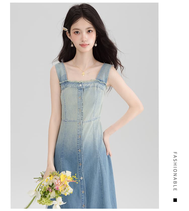 실사 그라데이션 색상 레트로 데님 조끼 슬립 여성 드레스 여름 품격 허리 수축 거친 가장자리 큰 진자 한 마디 롱 스커트 상세 이미지 13