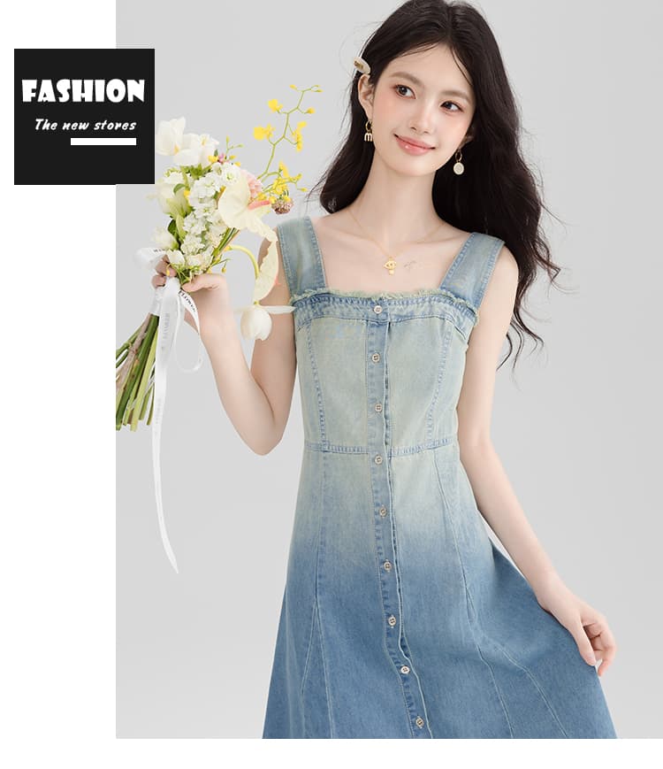실사 그라데이션 색상 레트로 데님 조끼 슬립 여성 드레스 여름 품격 허리 수축 거친 가장자리 큰 진자 한 마디 롱 스커트 상세 이미지 15