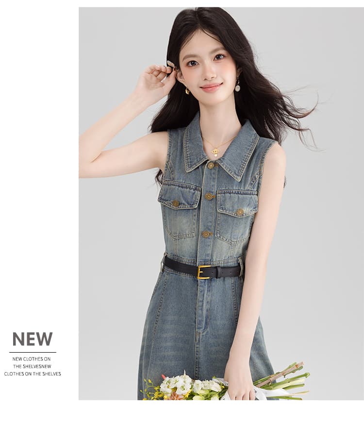 실사 항구 바람 레트로 행침 목 데님 여성 드레스 여름 고유 한 품격 오프숄더 민소매 길다 치마 슬림해 보이는 상세 이미지 9