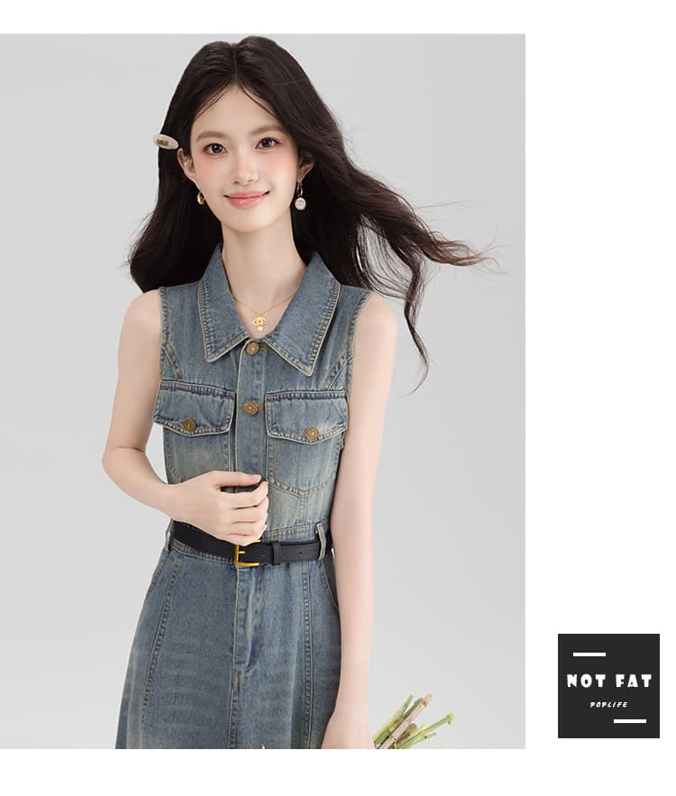 실사 항구 바람 레트로 행침 목 데님 여성 드레스 여름 고유 한 품격 오프숄더 민소매 길다 치마 슬림해 보이는 상세 이미지 10
