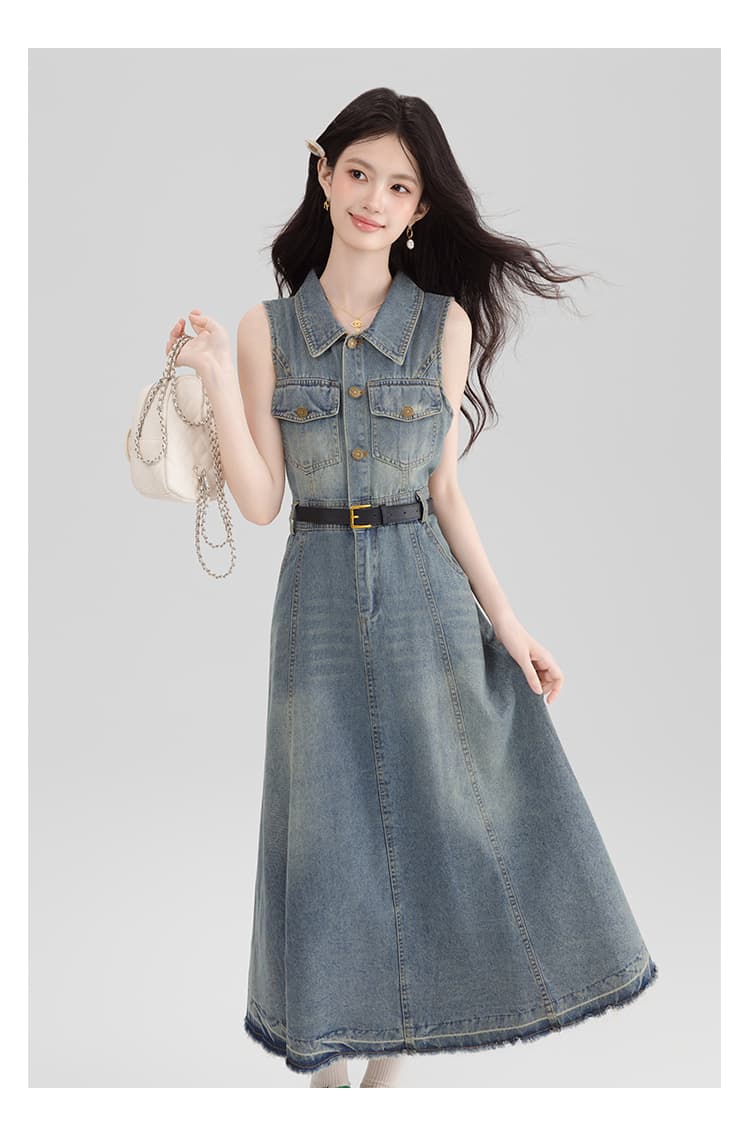 실사 항구 바람 레트로 행침 목 데님 여성 드레스 여름 고유 한 품격 오프숄더 민소매 길다 치마 슬림해 보이는 상세 이미지 27