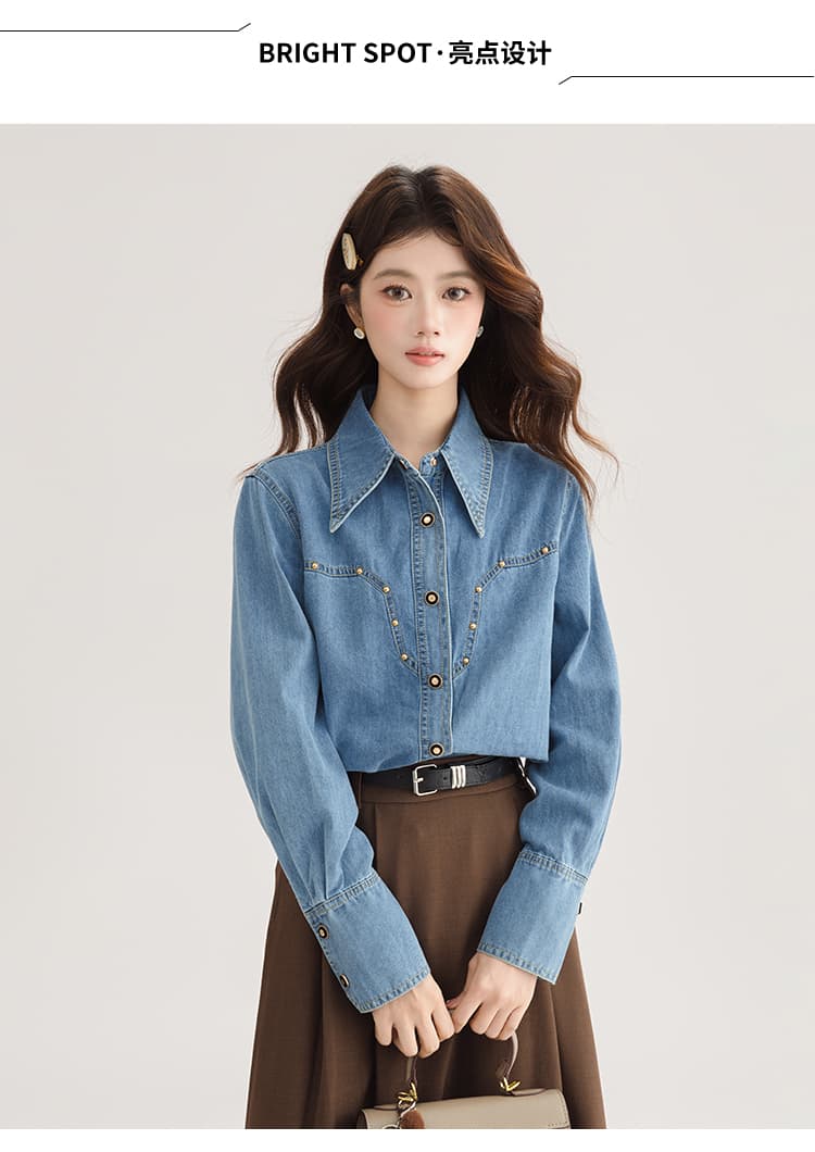 실사 레트로 파란색 데님 여성 셔츠 2026 가을 새로운 루즈핏 품격 맨위 긴팔 디자인 센스 셔츠 상세 이미지 2