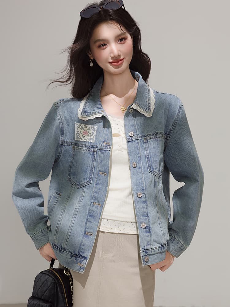 실사 파란색 한국 스타일 레이스 조각 달콤함 데님 여성 코트 봄 디자인 센스 레트로 재킷 맨위 이미지 3