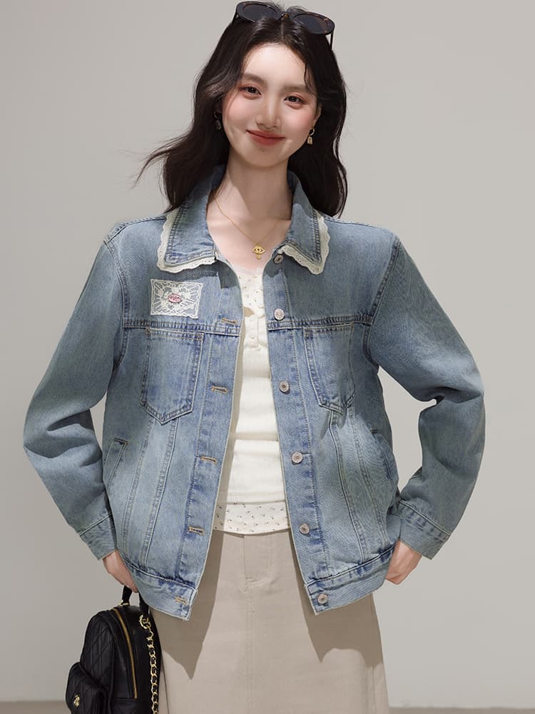 실사 파란색 한국 스타일 레이스 조각 달콤함 데님 여성 코트 봄 디자인 센스 레트로 재킷 맨위 이미지 5