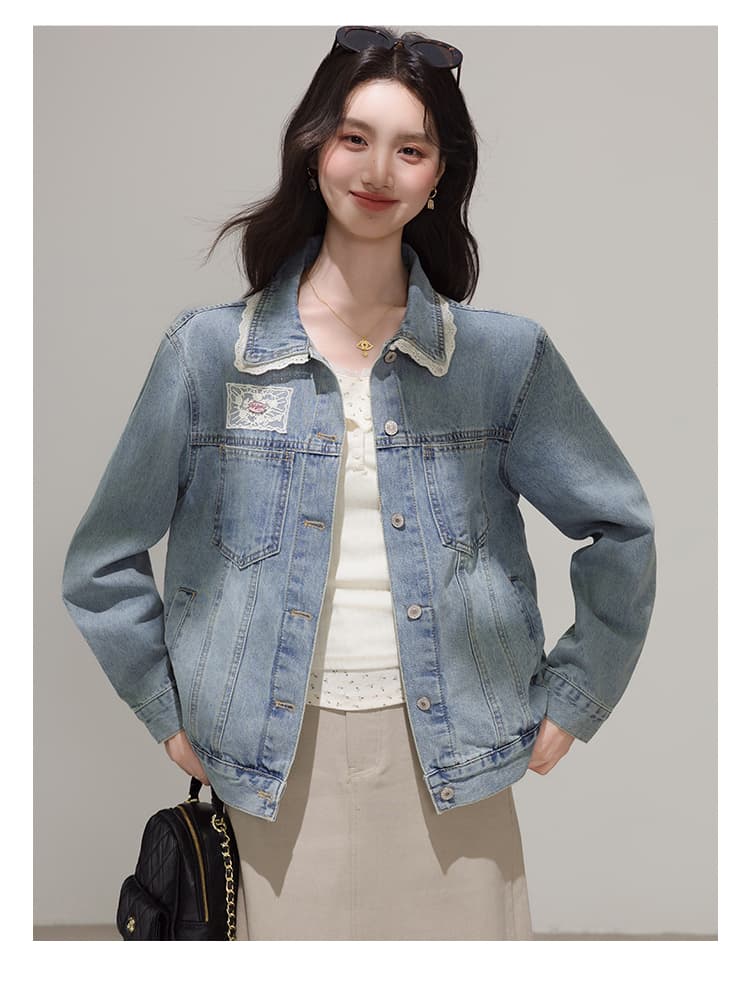 실사 파란색 한국 스타일 레이스 조각 달콤함 데님 여성 코트 봄 디자인 센스 레트로 재킷 맨위 상세 이미지 3