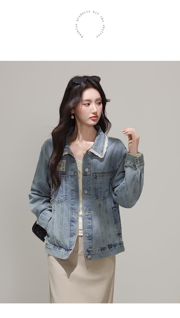 실사 파란색 한국 스타일 레이스 조각 달콤함 데님 여성 코트 봄 디자인 센스 레트로 재킷 맨위 상세 이미지 12