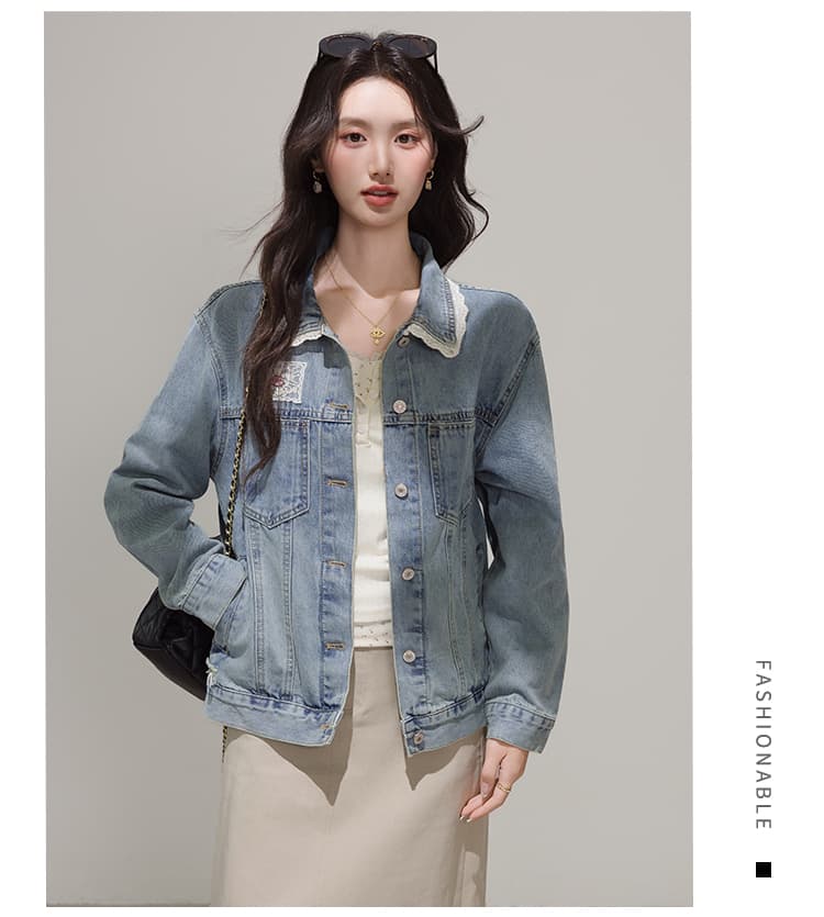 실사 파란색 한국 스타일 레이스 조각 달콤함 데님 여성 코트 봄 디자인 센스 레트로 재킷 맨위 상세 이미지 13