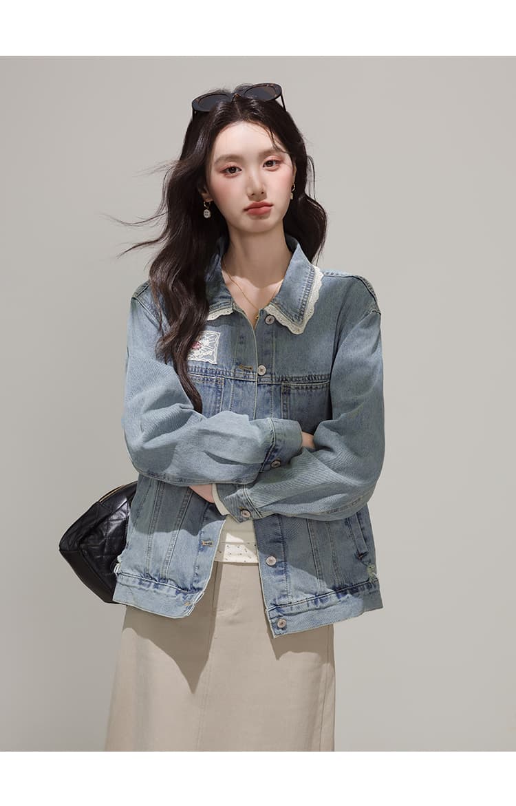 실사 파란색 한국 스타일 레이스 조각 달콤함 데님 여성 코트 봄 디자인 센스 레트로 재킷 맨위 상세 이미지 14