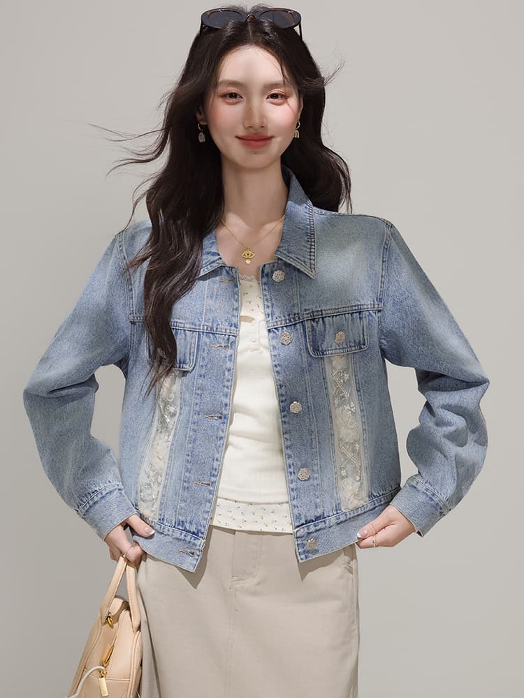 실사 작은 샤넬 스타일 데님 여성 코트 봄과 가을 2026 년 새로운 한국 스타일 루즈핏 레이스 조각 재킷 트렌디 이미지 2