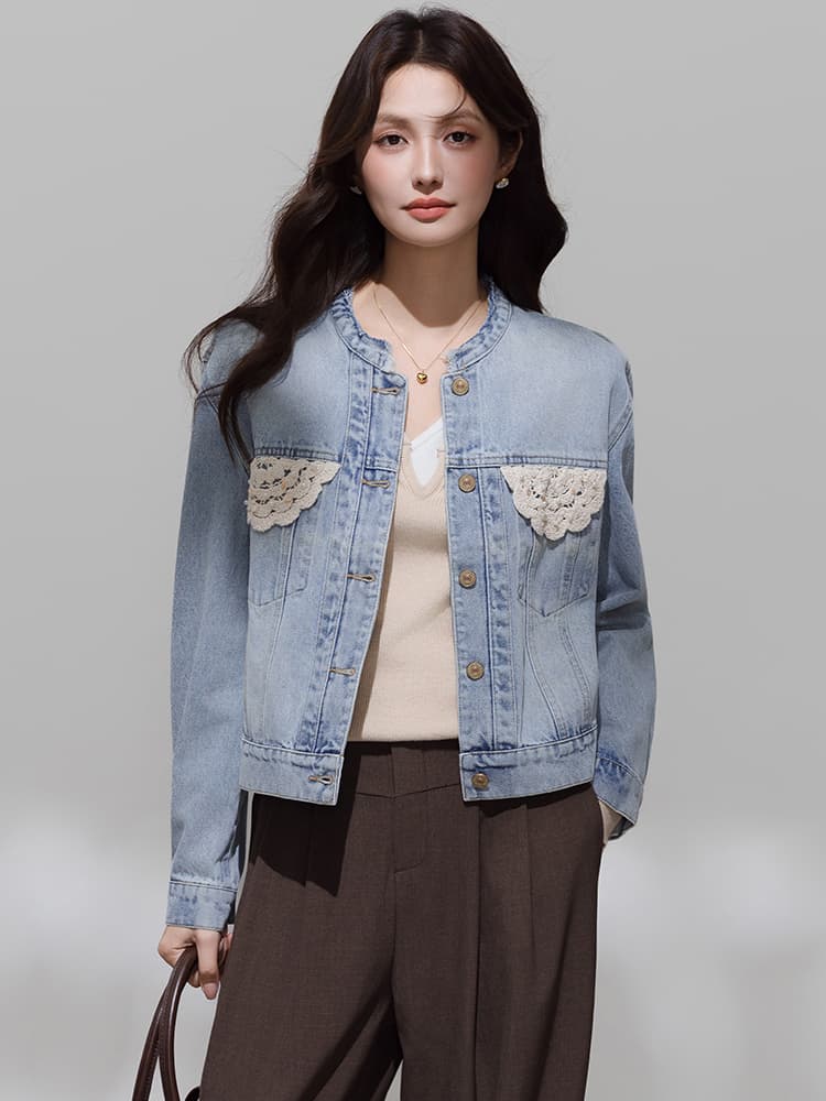 실사 봄 가을 새로운 항구 바람 레트로 레이스 쇼트 스타일 데님 여성 코트 외국 가스 몸매 가꾸기 슬림해 보이는 캐주얼 재킷 이미지 3