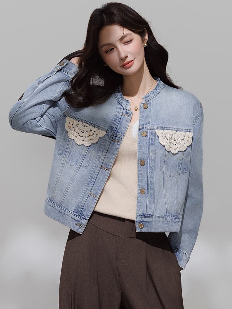 실사 봄 가을 새로운 항구 바람 레트로 레이스 쇼트 스타일 데님 여성 코트 외국 가스 몸매 가꾸기 슬림해 보이는 캐주얼 재킷 이미지 2