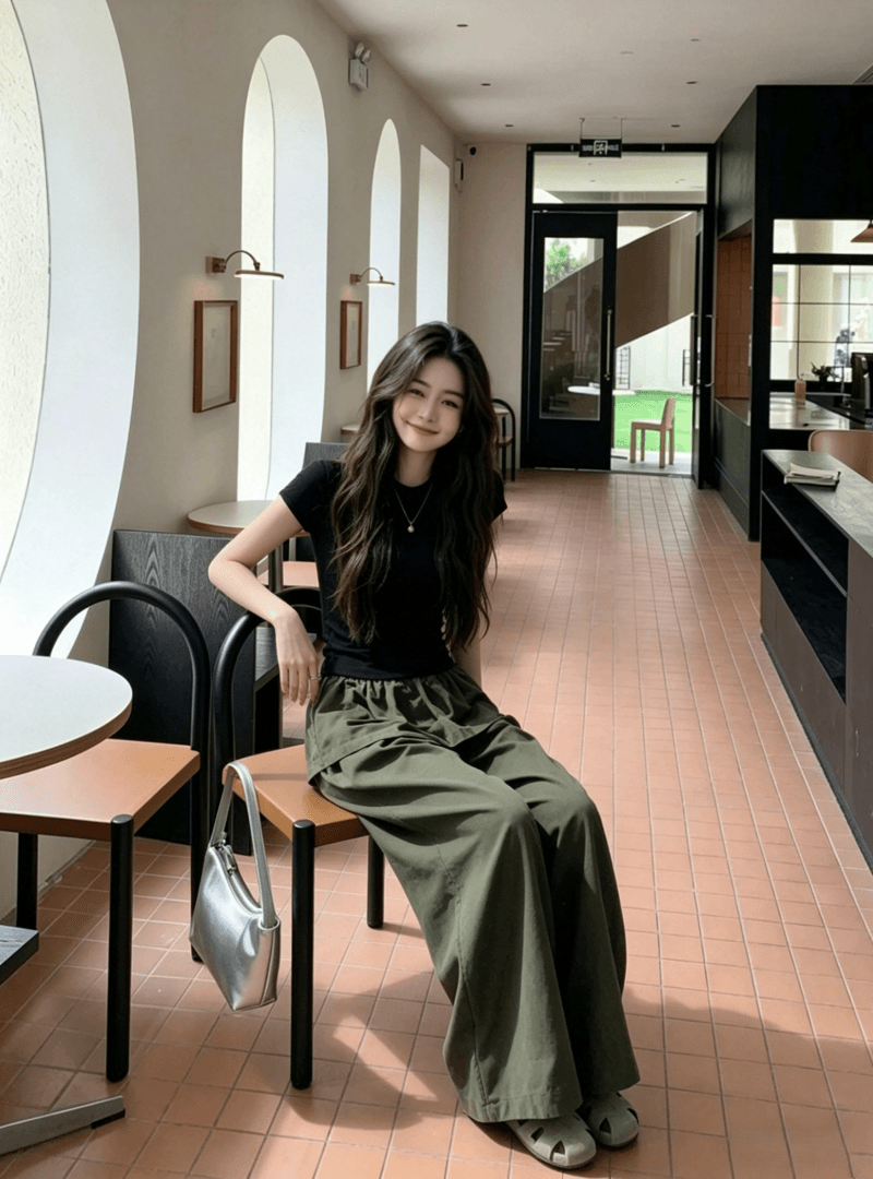 한 부서 느슨함 센스 착용 가져 가라. 세트 여름 몸매 가꾸기 슬림해 보이는 긍정적 인 어깨 티셔츠 페이크 레이어드 랩스커트팬츠 와이드 레그 팬츠 투피스 세트 상세 이미지 5