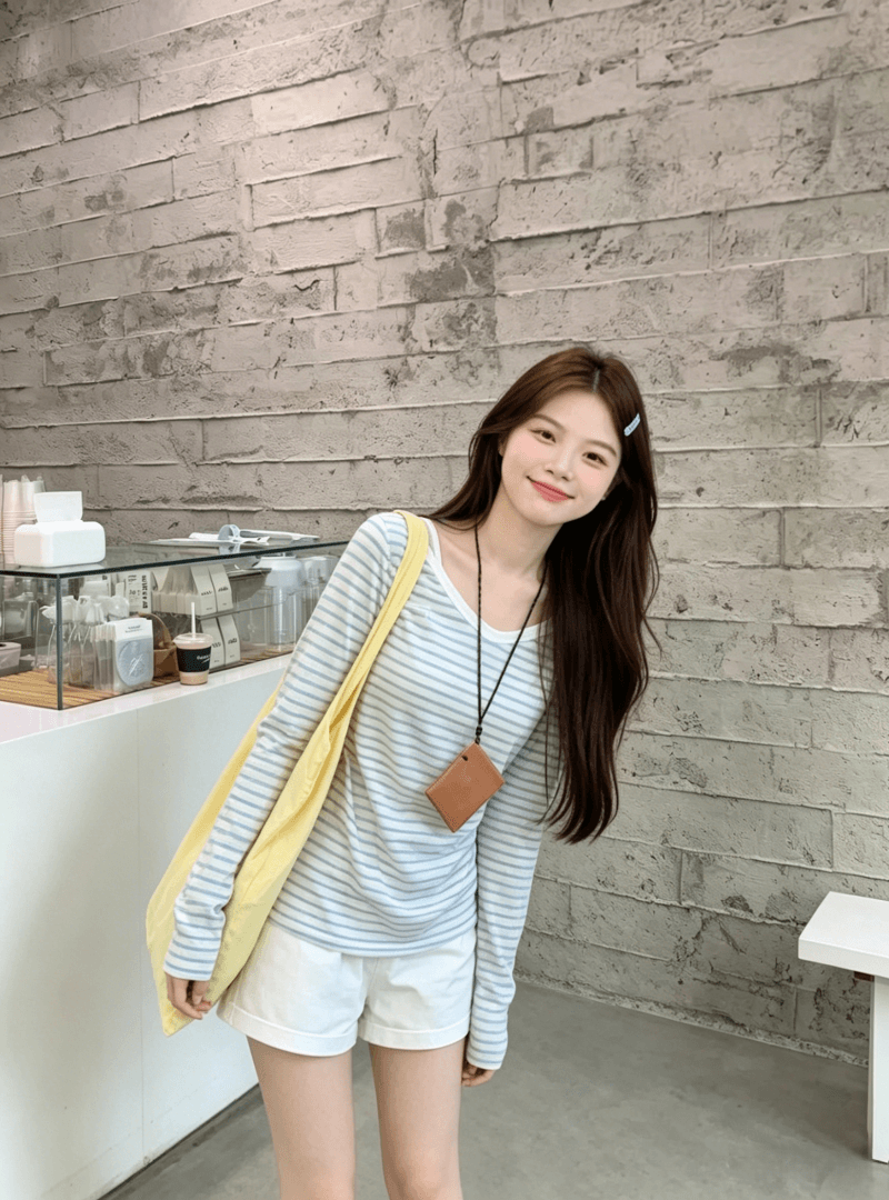 파란색 V넥 스트라이프 자외선 차단 긴팔 티셔츠 여성 여름 일본과 한국 부서 느슨함 느긋한 센스 루즈핏 블라우스 맨위 상세 이미지 1