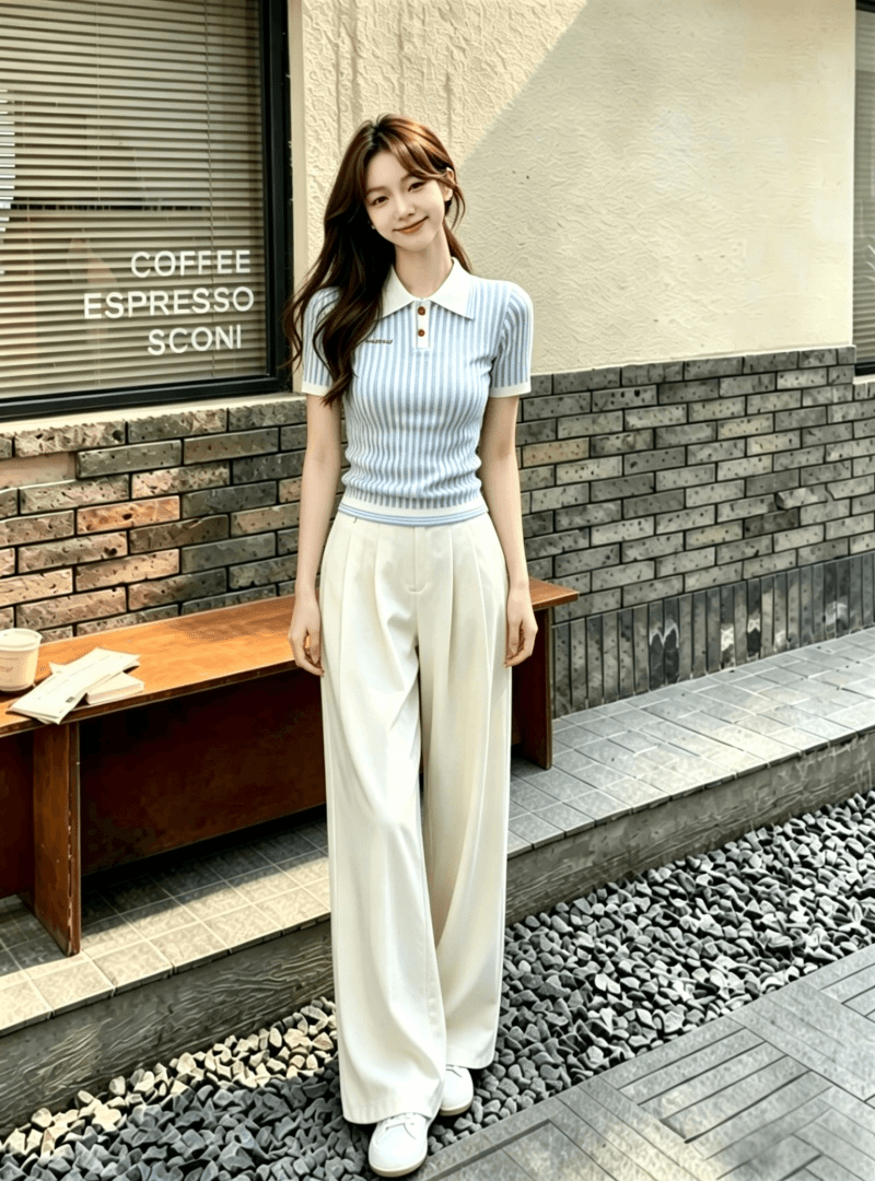 마이크로 이른 아침 여름 새로운 POLO 셔츠 맨위 세로 줄무늬 풀오버 반팔 니트 스웨터 여성 이미지 2
