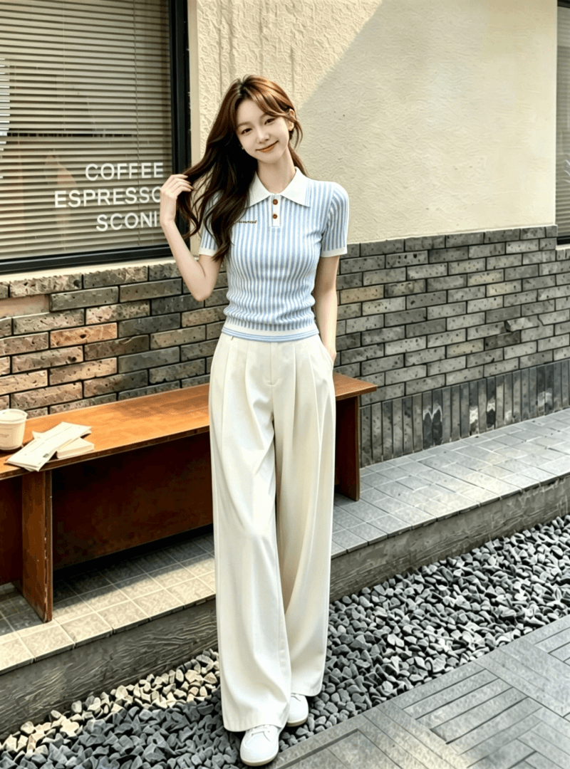 마이크로 이른 아침 여름 새로운 POLO 셔츠 맨위 세로 줄무늬 풀오버 반팔 니트 스웨터 여성 상세 이미지 8