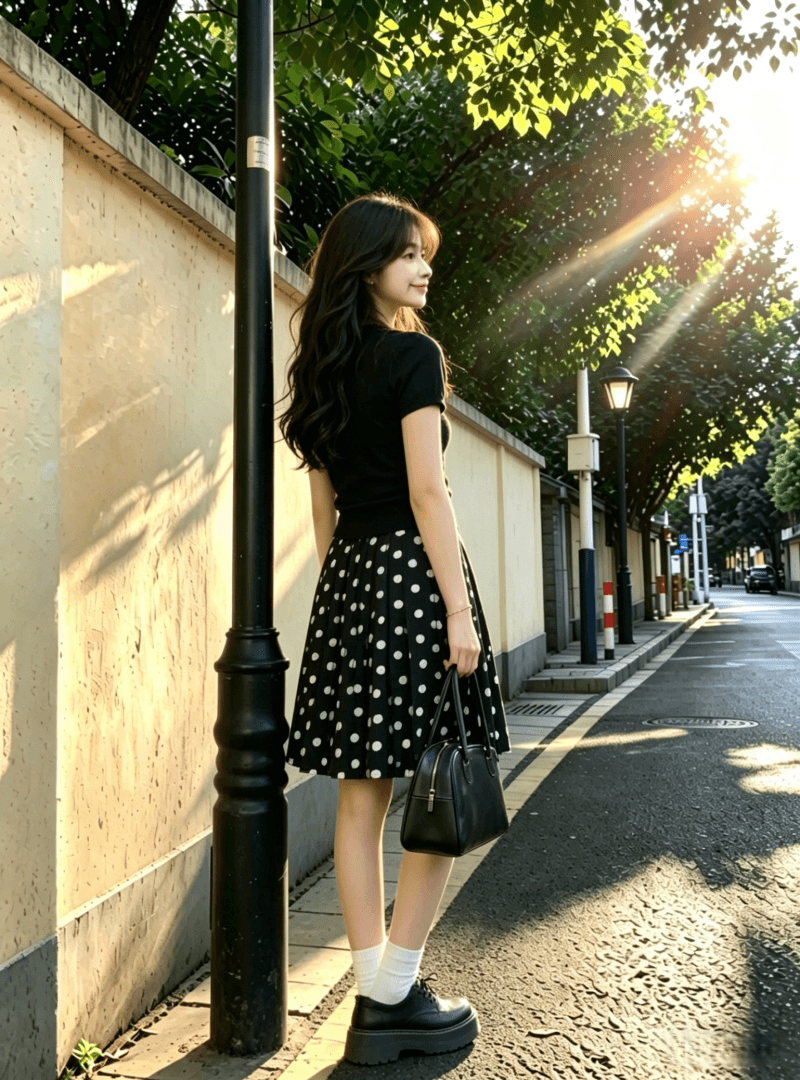 여름 켜기 새로운 한 부서 달콤함 캐주얼 스포츠 슈트 여성용 짧은 소매 티셔츠 도트 무늬 플리츠 중간 스커트 투피스 세트 상세 이미지 4