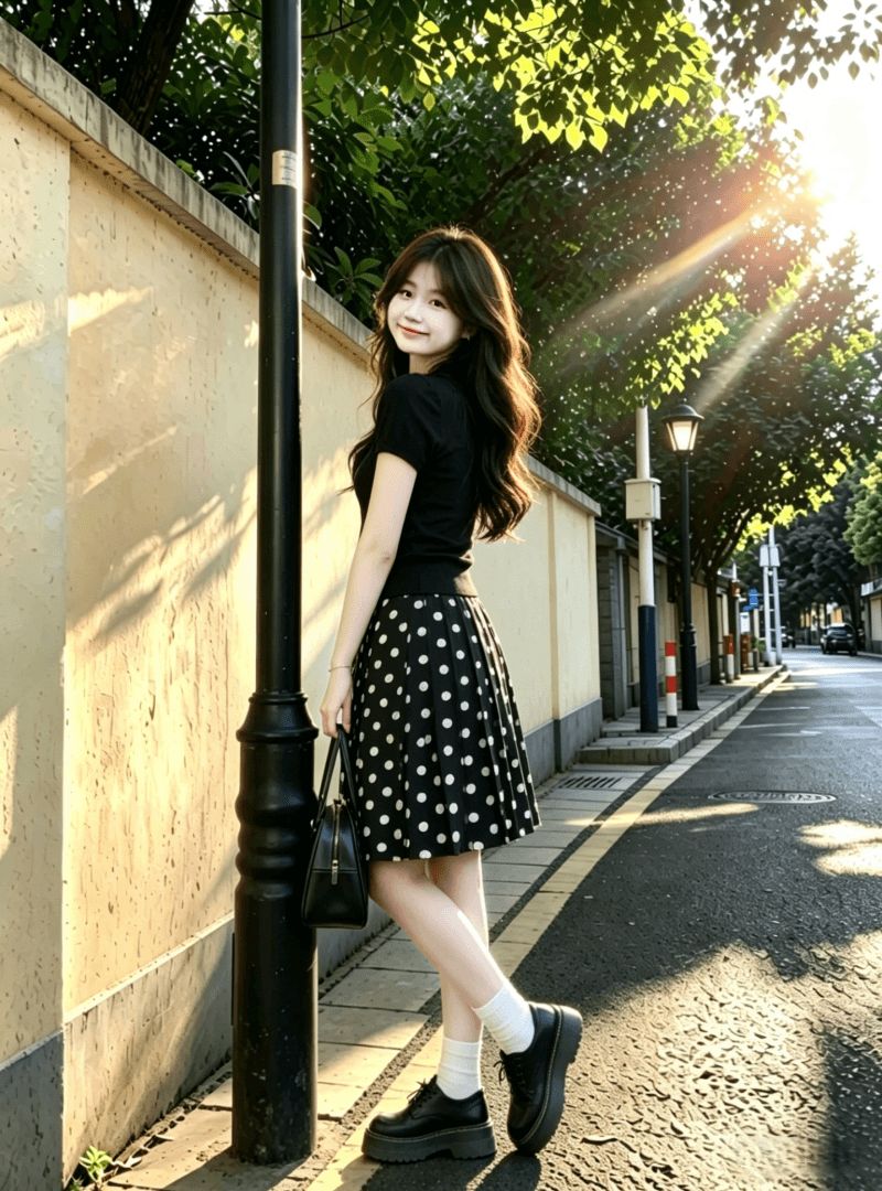 여름 켜기 새로운 한 부서 달콤함 캐주얼 스포츠 슈트 여성용 짧은 소매 티셔츠 도트 무늬 플리츠 중간 스커트 투피스 세트 상세 이미지 7