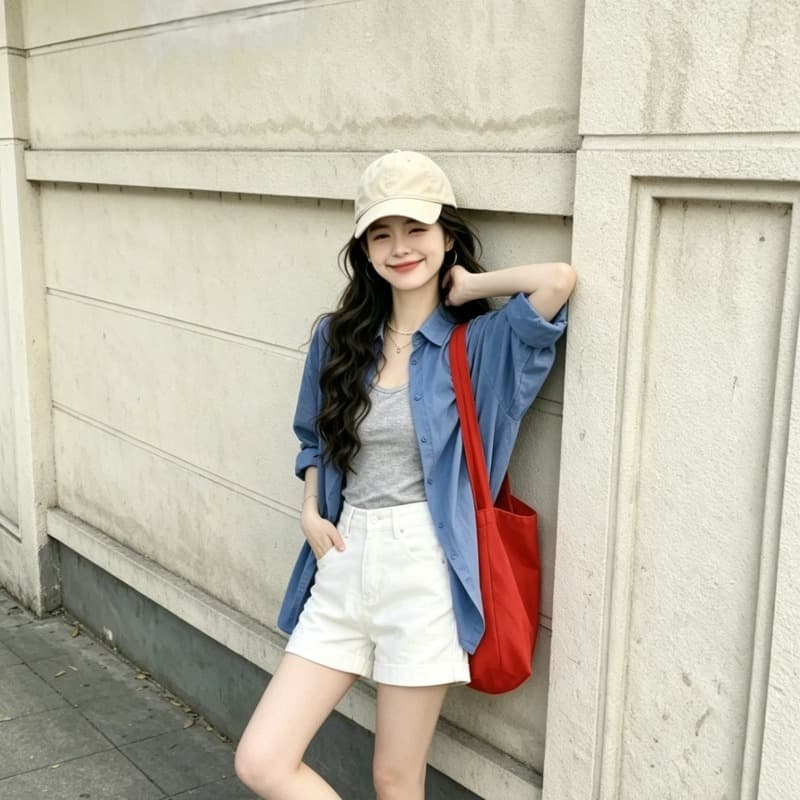 여름 작은 키 착용 가져 가라. 전체 집합 순수한 우유 乖離 도파민 빛 요리 한 바람 파란색 셔츠 짧은 바지 투피스 세트 이미지 5