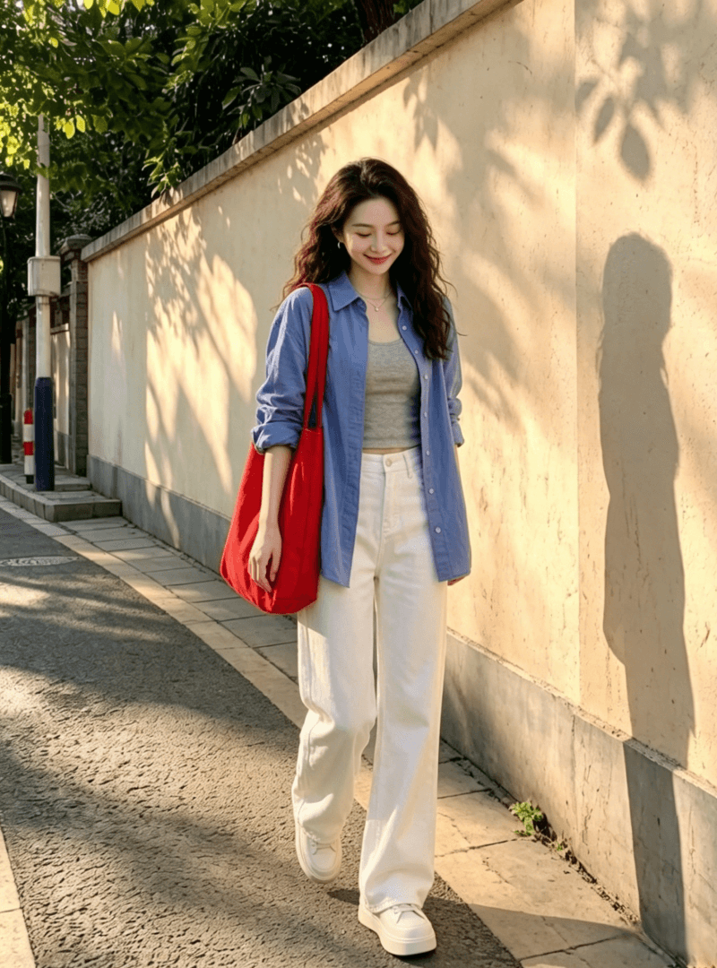 여름 켜기 새로운 톰 글 래 원인 파란색 자외선 차단 셔츠 여성 코트 경기 슬립 외부 가져 가라. 와이드 레그 팬츠 세 조각 세트 상세 이미지 5