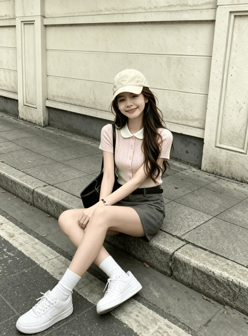 학원 스타일 세트 2026 여름 새로운 몸매 가꾸기 베이비 칼라 핫걸 배색 니트 맨위 반신 스커트 투피스 세트 이미지 3