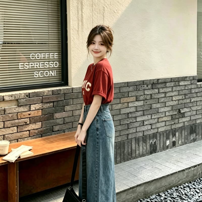 여름 한 스타일 부드러운 캐주얼 차 부서 품격 고급 패션 맨위 데님 반신 스커트 투피스 슈트 여성 이미지 5