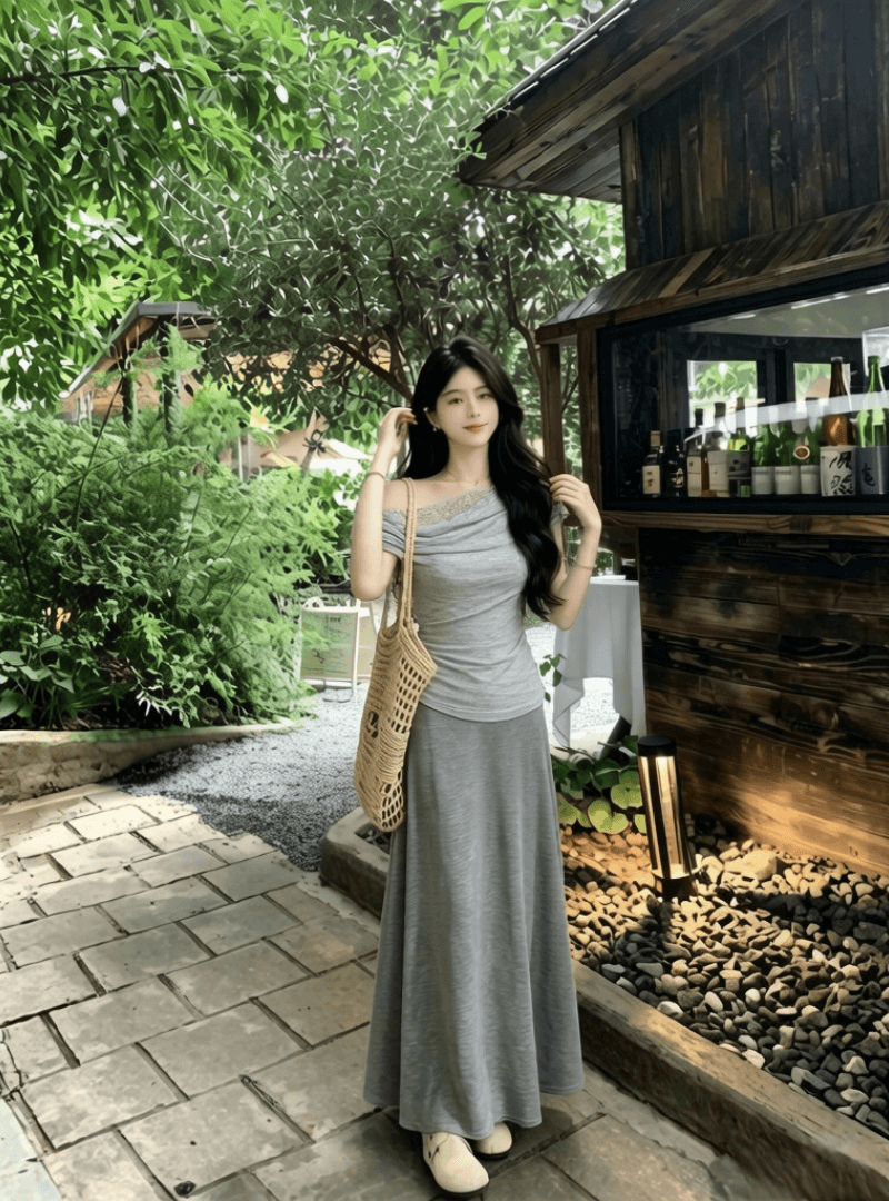 회색 비스듬한 어깨 오프숄더 프랑스식 드레스 아이들 여름 한 부서 그레이트 통해보기 가져 가라. 에이즈 환자 세트 아름다운 롱 스커트 상세 이미지 8