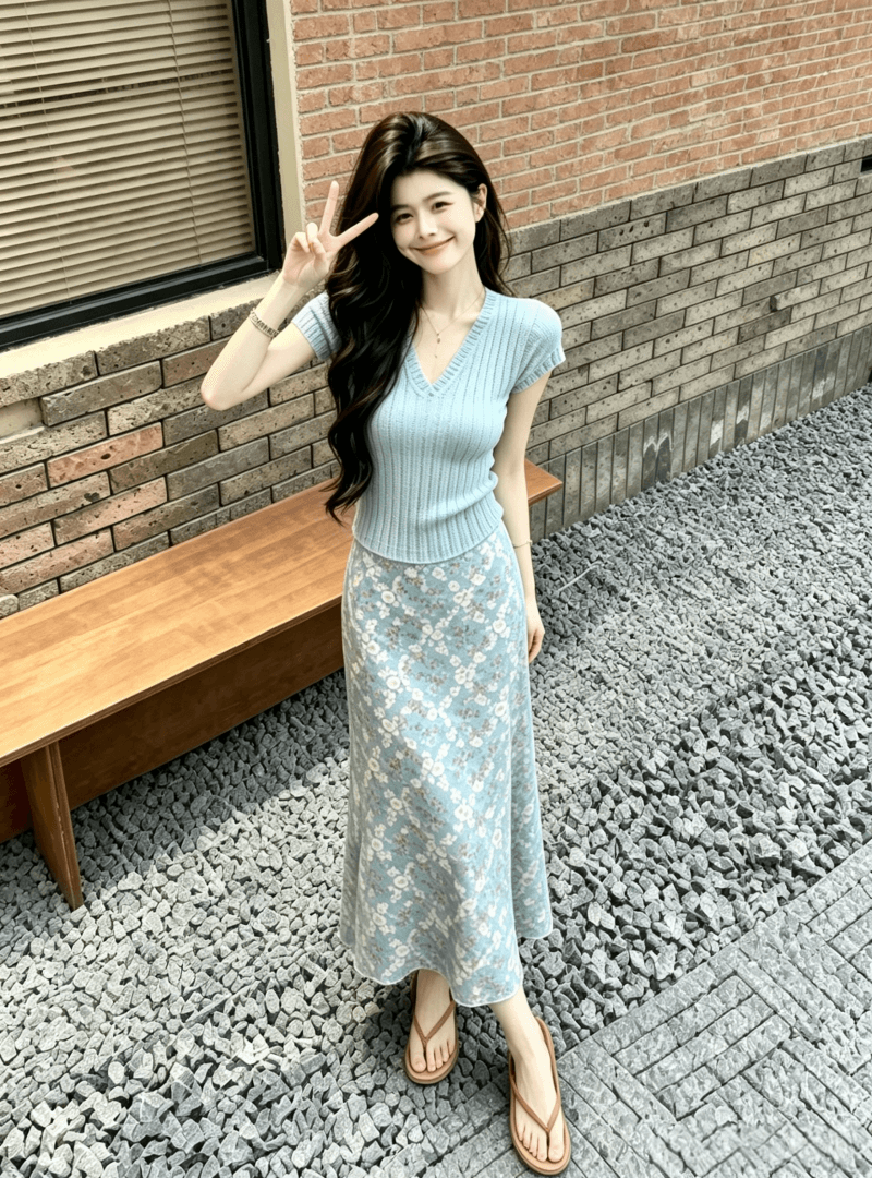 2026 여름 새로운 한 부서 순수한 욕망 바람 몸매 가꾸기 슬림해 보이는 맨위 경기 하이웨이스트 꽃무늬 반신 스커트 투피스 세트 이미지 2