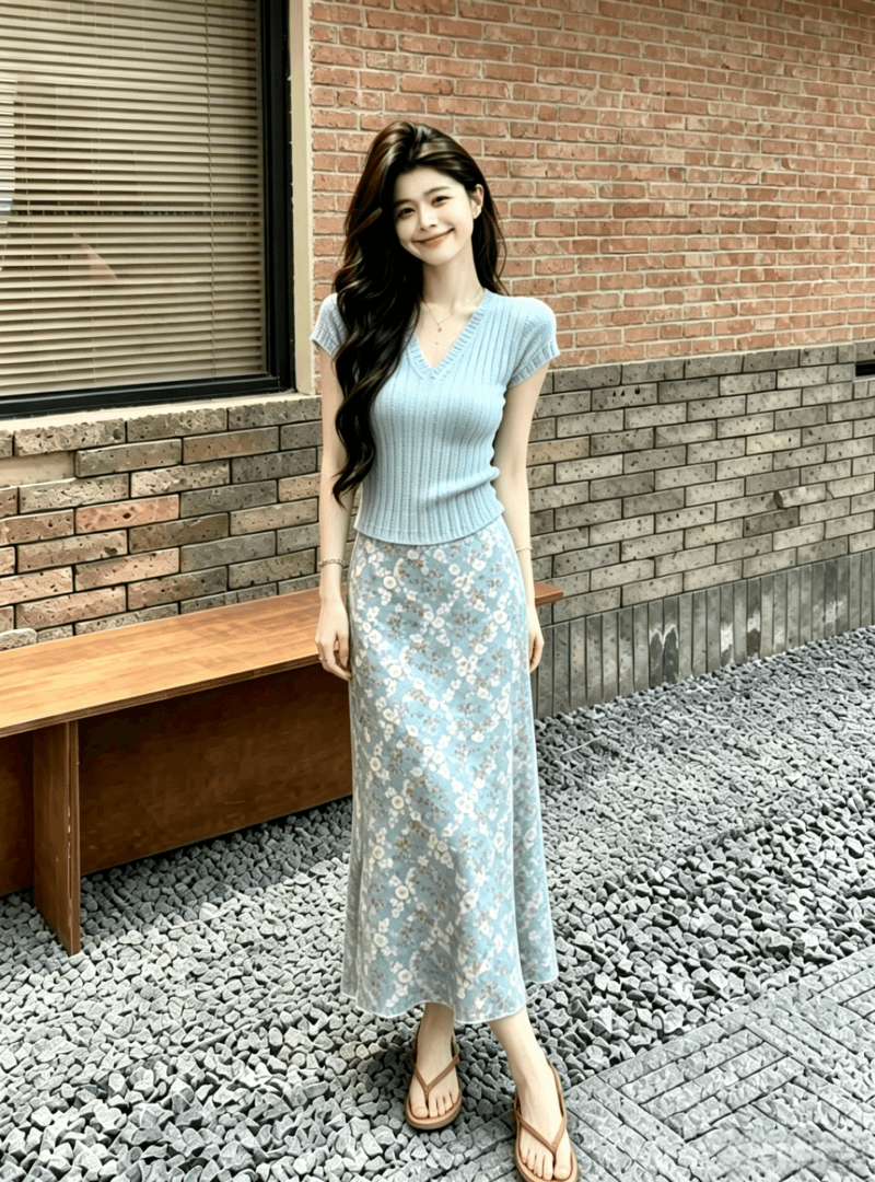 2026 여름 새로운 한 부서 순수한 욕망 바람 몸매 가꾸기 슬림해 보이는 맨위 경기 하이웨이스트 꽃무늬 반신 스커트 투피스 세트 상세 이미지 3