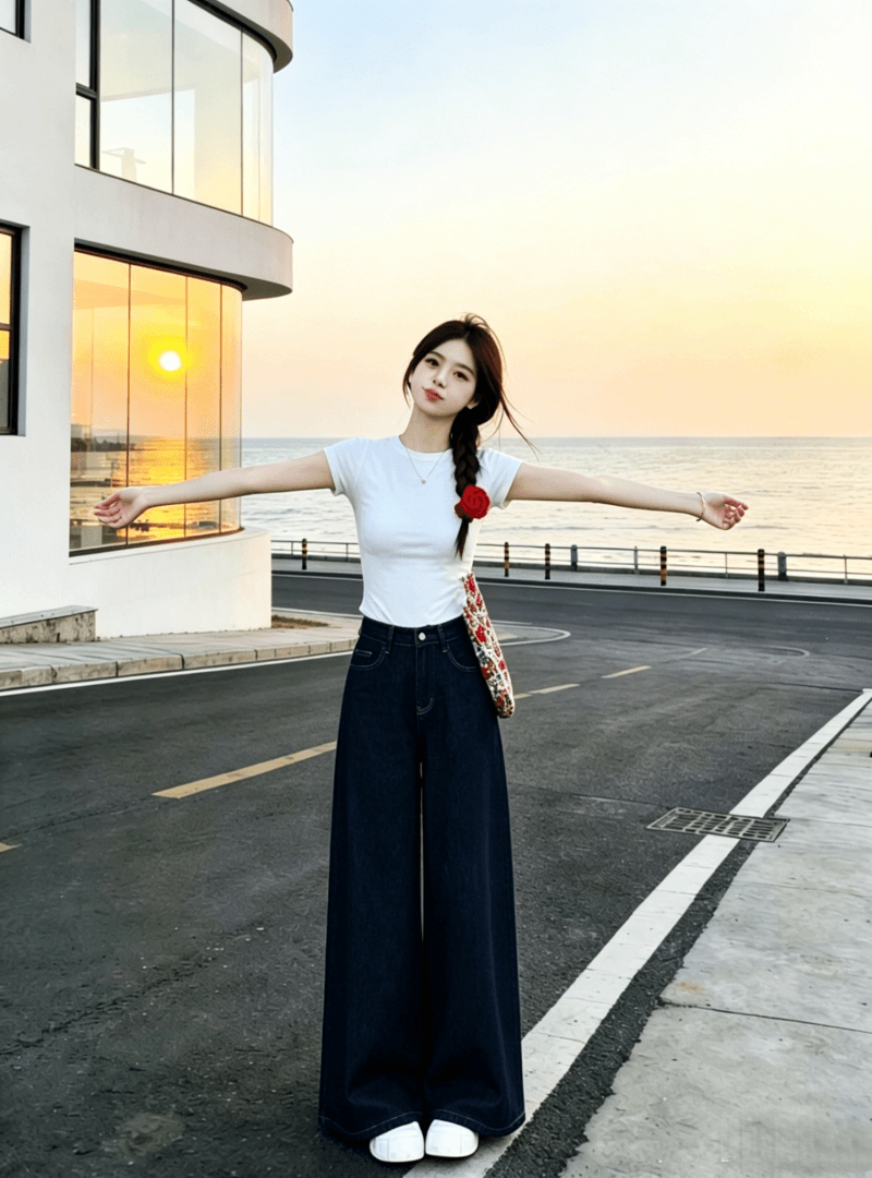 새로운 화이트 긍정적 인 어깨 풀오버 반팔 티셔츠 여성 여름 슬림해 보이는 하라주쿠 스타일 학원 캐주얼 다용도 세트 상세 이미지 1