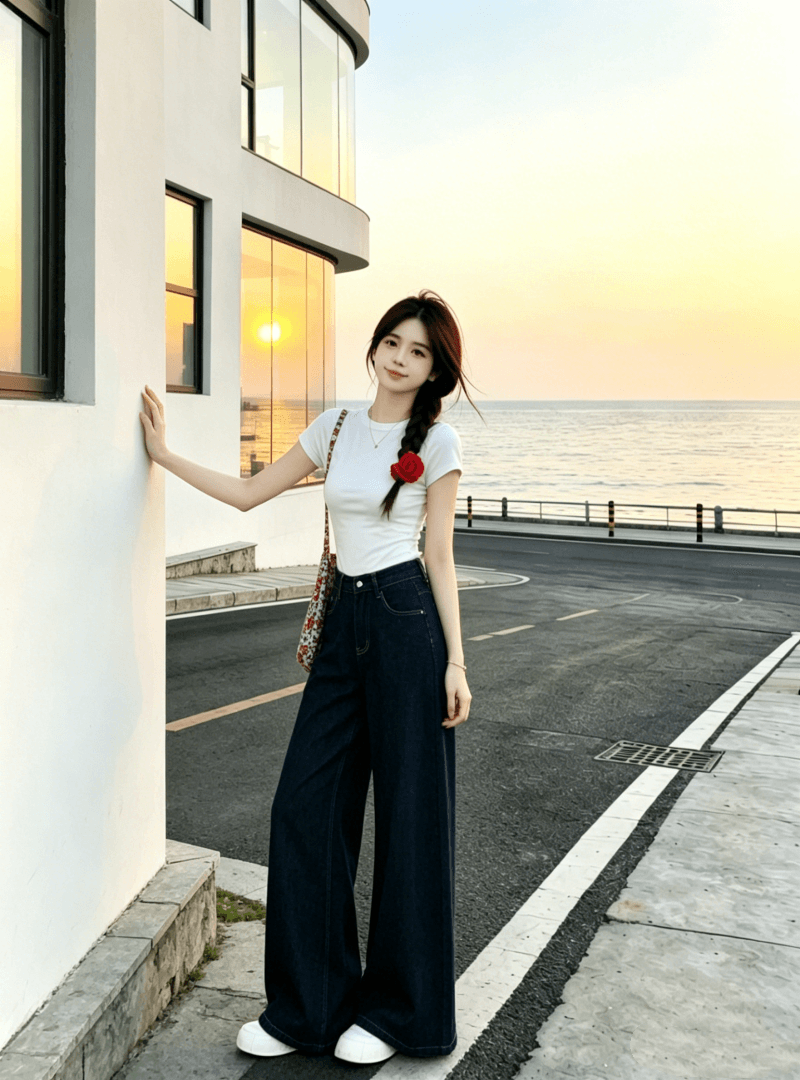 새로운 화이트 긍정적 인 어깨 풀오버 반팔 티셔츠 여성 여름 슬림해 보이는 하라주쿠 스타일 학원 캐주얼 다용도 세트 상세 이미지 2