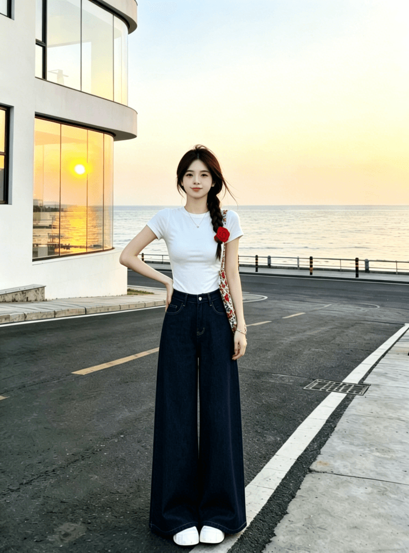 새로운 화이트 긍정적 인 어깨 풀오버 반팔 티셔츠 여성 여름 슬림해 보이는 하라주쿠 스타일 학원 캐주얼 다용도 세트 상세 이미지 7