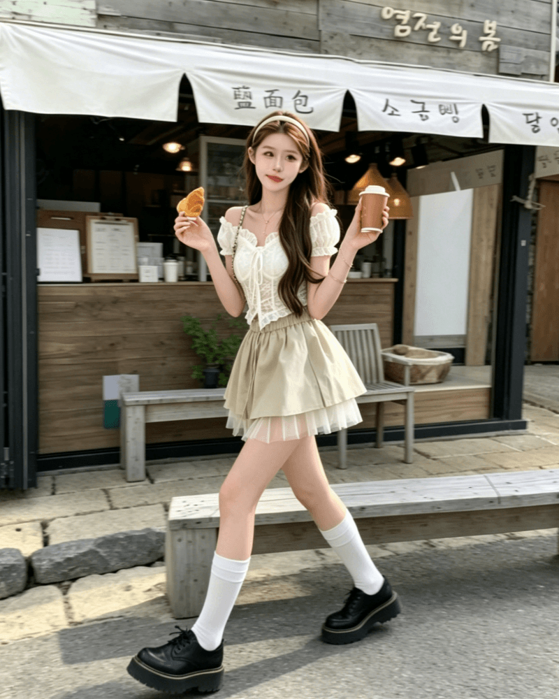 한국 스타일 순수한 욕망 바람 오프숄더 오프숄더 레이스 맨위 반신 스커트 두 조각 여성 세트 여름 디자인 센스 패션 세트 트렌디 상세 이미지 1