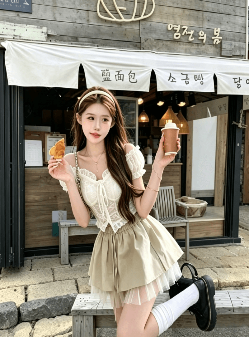 한국 스타일 순수한 욕망 바람 오프숄더 오프숄더 레이스 맨위 반신 스커트 두 조각 여성 세트 여름 디자인 센스 패션 세트 트렌디 상세 이미지 8