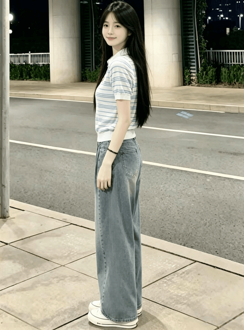 아름다운 장난기 넘치는 세트 여성 여름 디자인 센스 POLO 칼라 스트라이프 반팔 맨위 넓은 다리 청바지 투피스 세트 이미지 3
