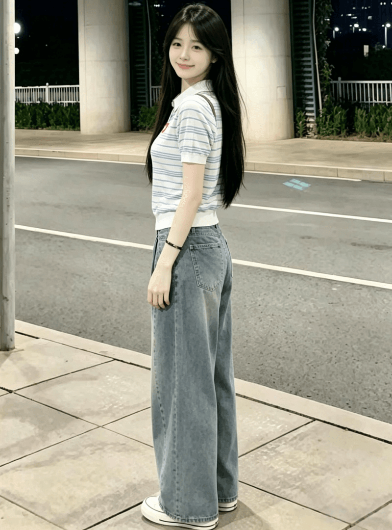 아름다운 장난기 넘치는 세트 여성 여름 디자인 센스 POLO 칼라 스트라이프 반팔 맨위 넓은 다리 청바지 투피스 세트 상세 이미지 2