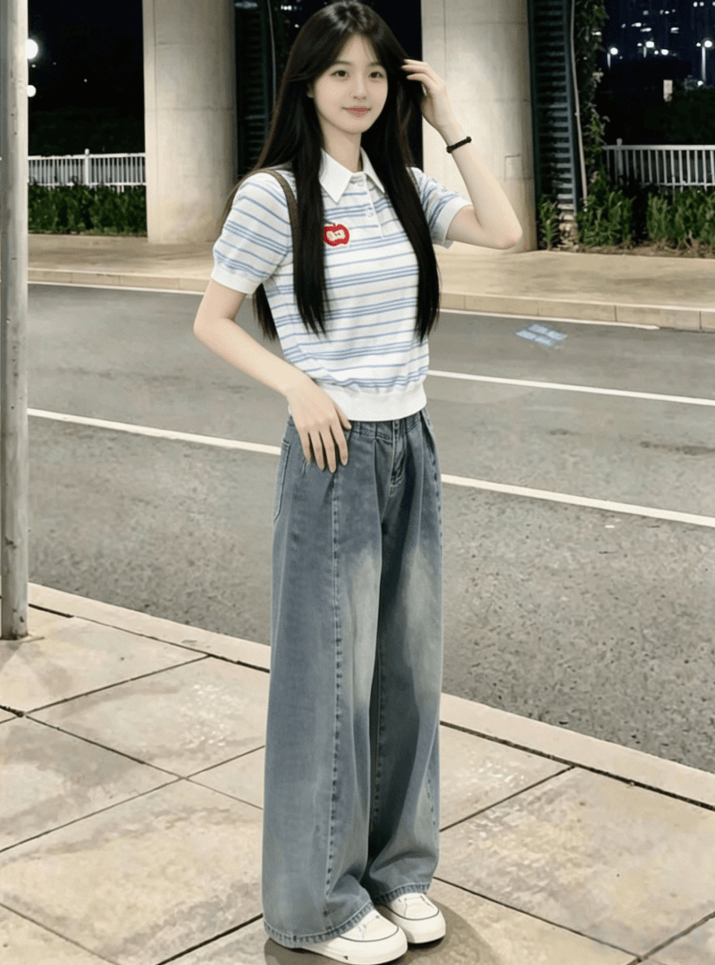 아름다운 장난기 넘치는 세트 여성 여름 디자인 센스 POLO 칼라 스트라이프 반팔 맨위 넓은 다리 청바지 투피스 세트