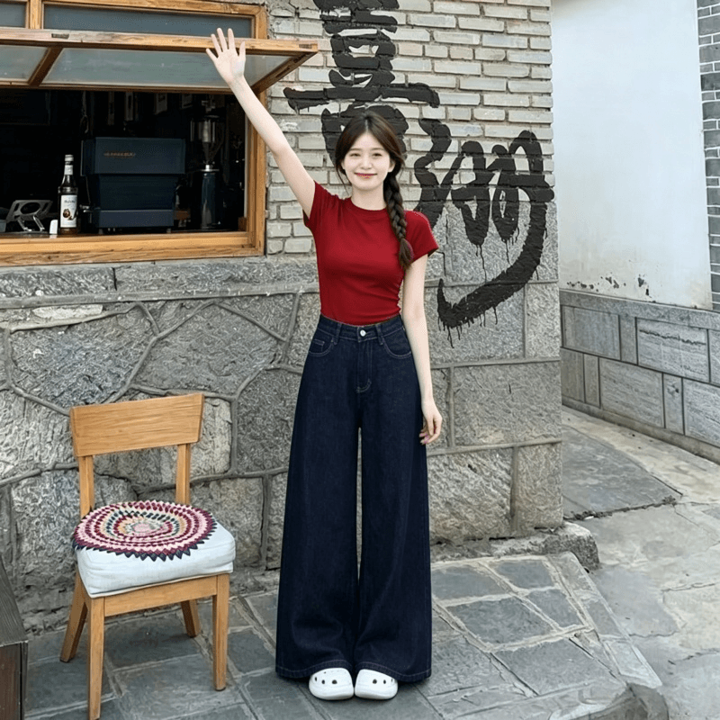 레트로 아메리칸 하이웨이스트 어두운 색 청바지 여성 여름 새로운 항구 바람 품격 루즈핏 슬림해 보이는 넓은 다리 바닥 청소 바지 상세 이미지 5