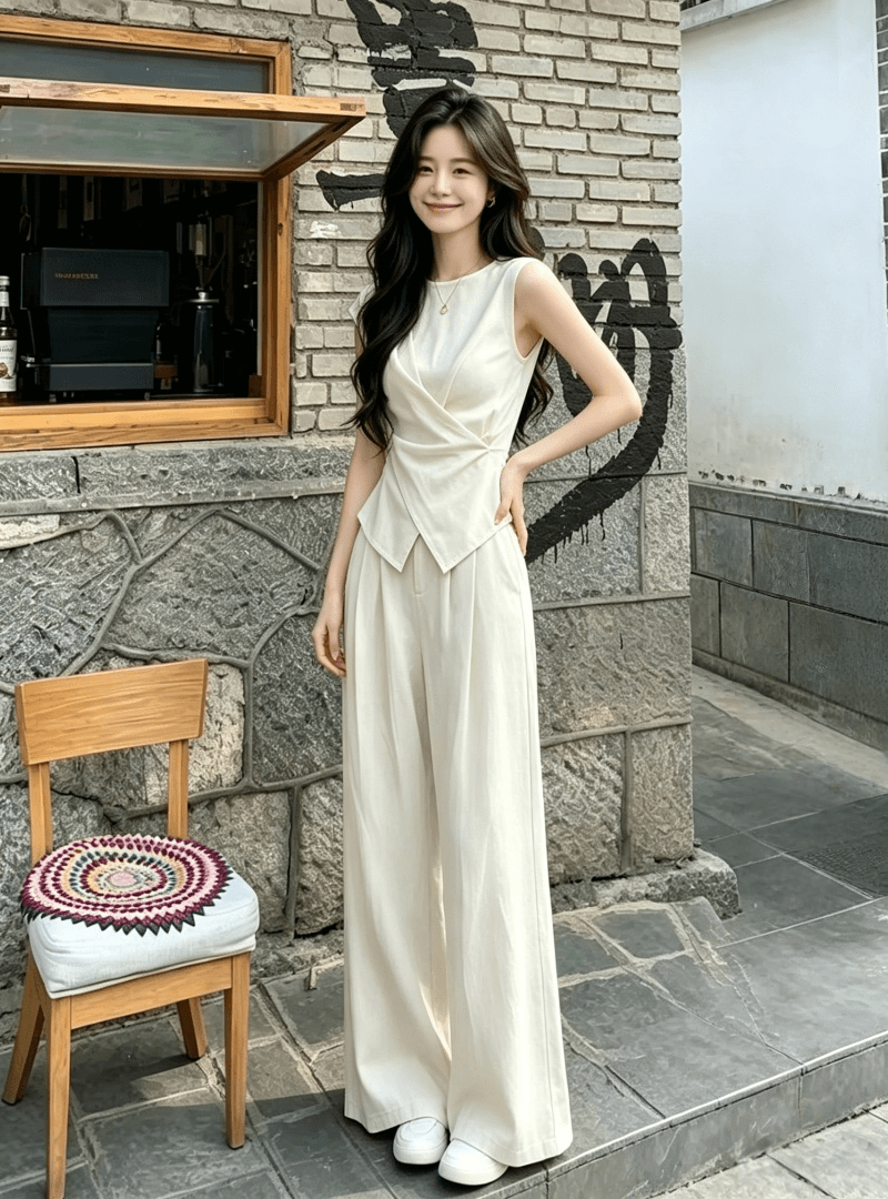 느슨함 센스 오래된 돈 바람 품격 세트 여성 2026 여름 새로운 그레이트 통해보기 잡아라. 의류 와이드 레그 팬츠 투피스 세트 이미지 2