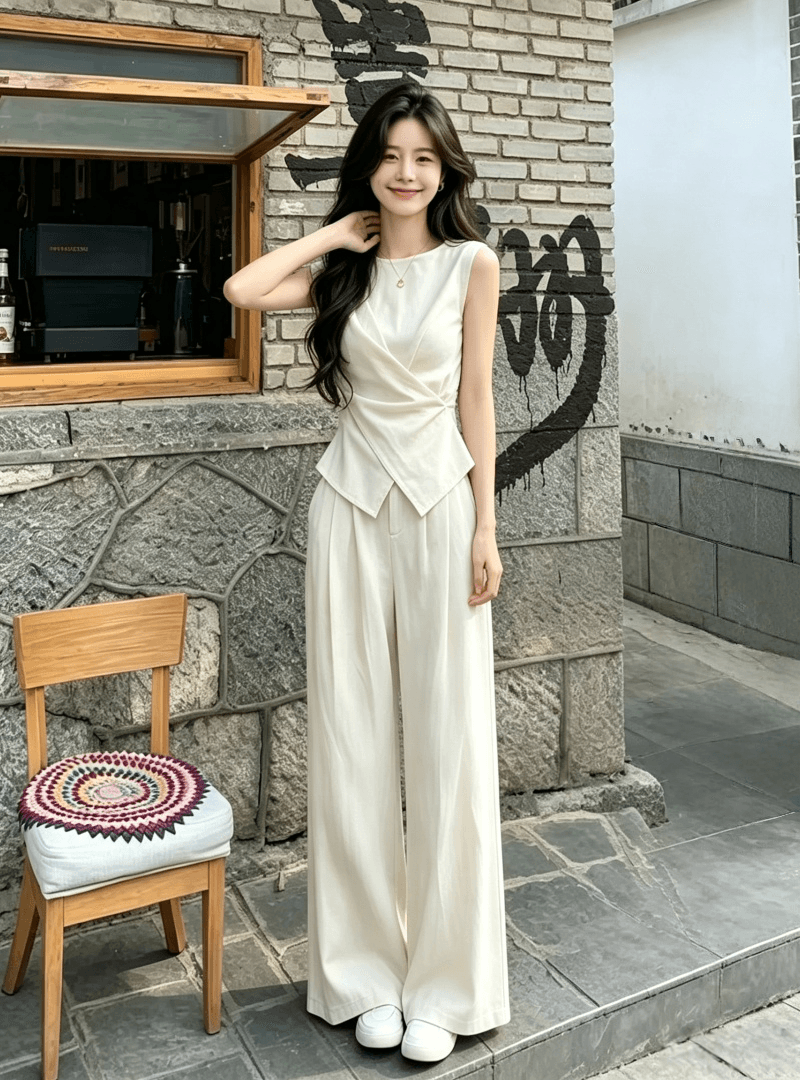 느슨함 센스 오래된 돈 바람 품격 세트 여성 2026 여름 새로운 그레이트 통해보기 잡아라. 의류 와이드 레그 팬츠 투피스 세트 이미지 4