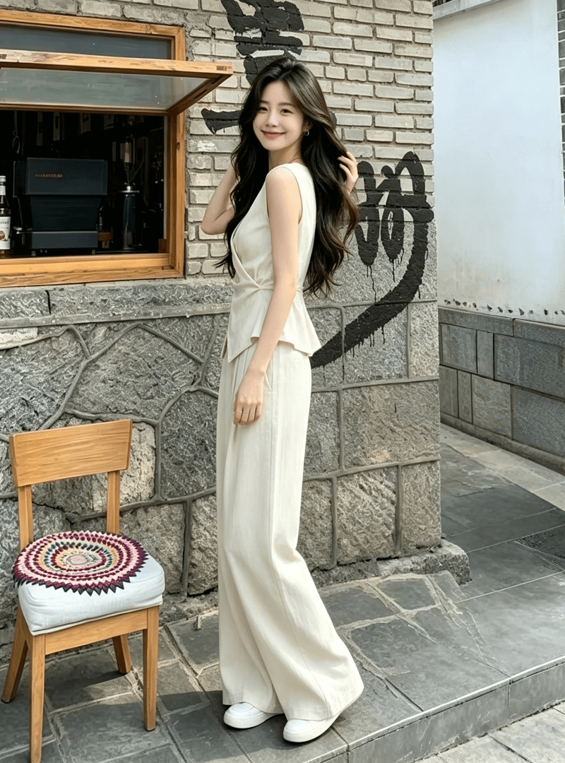 느슨함 센스 오래된 돈 바람 품격 세트 여성 2026 여름 새로운 그레이트 통해보기 잡아라. 의류 와이드 레그 팬츠 투피스 세트 상세 이미지 4