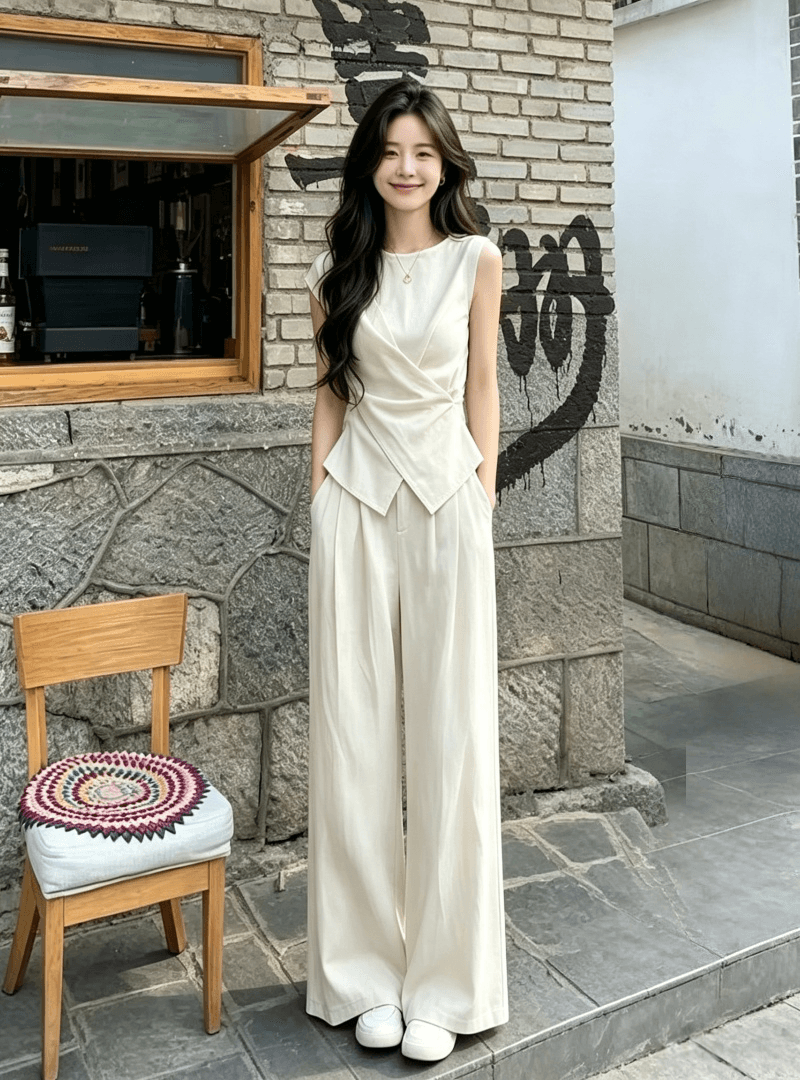느슨함 센스 오래된 돈 바람 품격 세트 여성 2026 여름 새로운 그레이트 통해보기 잡아라. 의류 와이드 레그 팬츠 투피스 세트 상세 이미지 7
