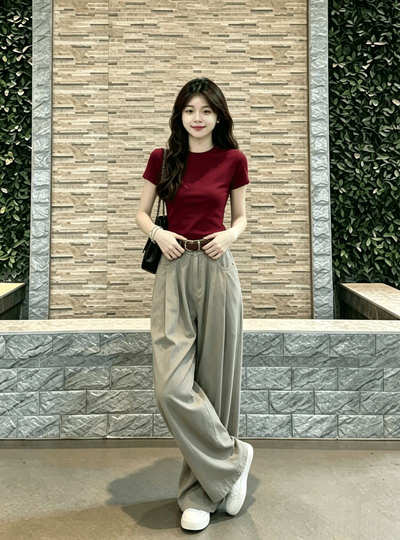 새로운 빨간색 긍정적 인 어깨 반팔 티셔츠 도파민 착용 가져 가라. 핫걸 짧은 맨위 데님 와이드 레그 팬츠 투피스 세트