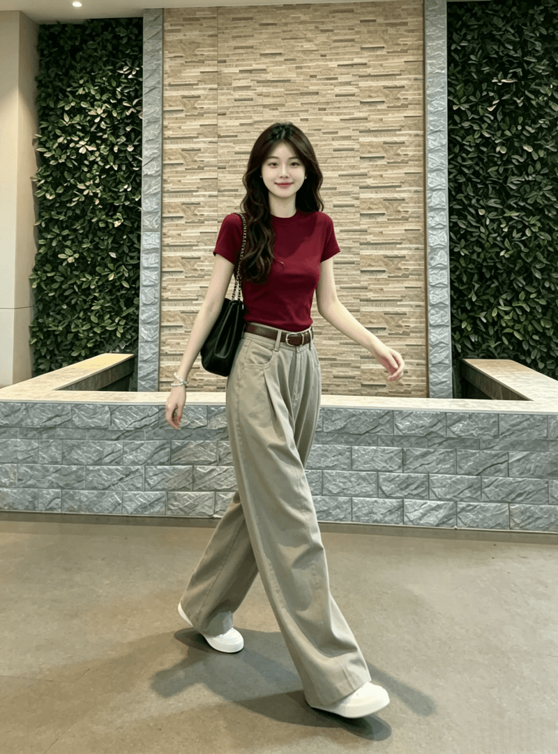 새로운 빨간색 긍정적 인 어깨 반팔 티셔츠 도파민 착용 가져 가라. 핫걸 짧은 맨위 데님 와이드 레그 팬츠 투피스 세트 상세 이미지 4