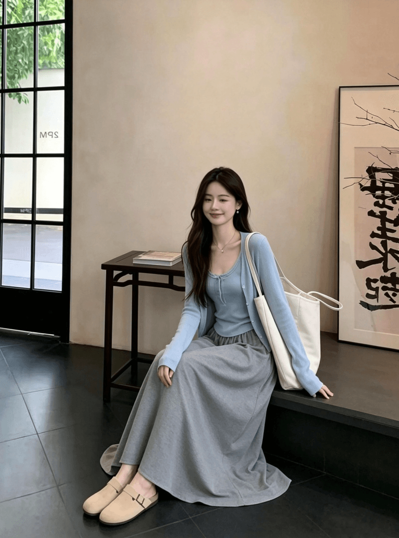 이른 가을 반신 스커트 여성 2026 새로운 오픈 가디건 스택 착용 슬립 세트 아름다운 자이언트 잘 생긴 ~ 중 도루 센스 레이스업 치마 상세 이미지 7