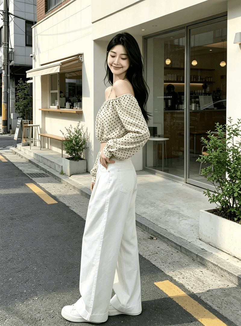 한 바람 chic 전체 집합 여름 ootd 착용 가져 가라. 오프숄더 꽃무늬 맨위 데님 와이드 레그 팬츠 어린이 캐주얼 세트 상세 이미지 8